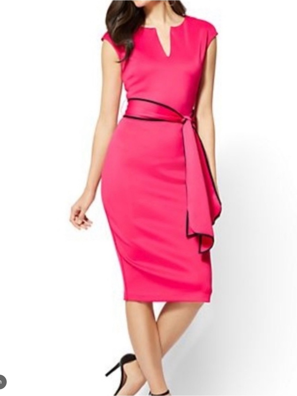 New York & Company Fuchsia Midi Sheath Dress with Black-Trim Sash